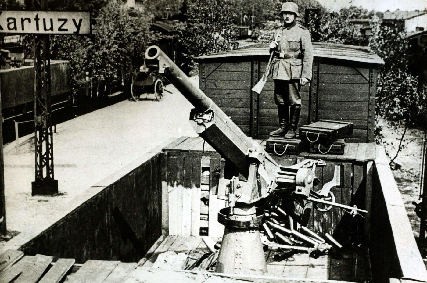 German anti-aircraft gun mounted on a railway truck after the taking of the Polish corridor town of Karthaus in 1939.