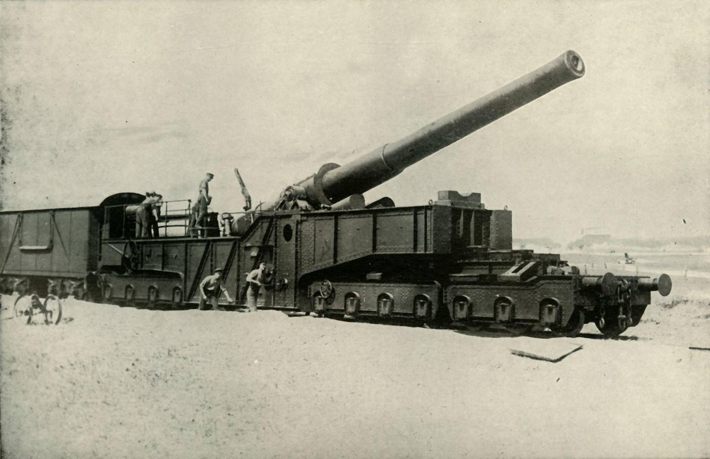 Heavy artillery mounted on a train during World War I, known as "The Monster British Guns," 1919.