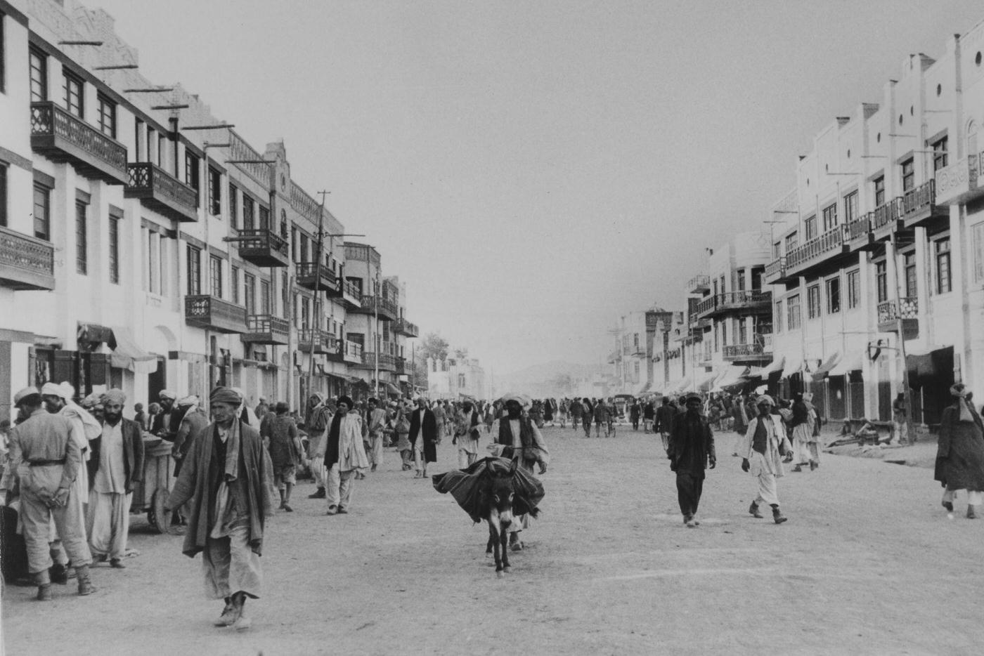 A Kabul street scene without traffic, circa 1950.