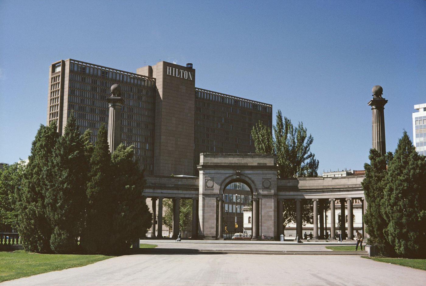 The Hilton Hotel viewed from Denver Civic Center, Denver, Colorado, 1962.