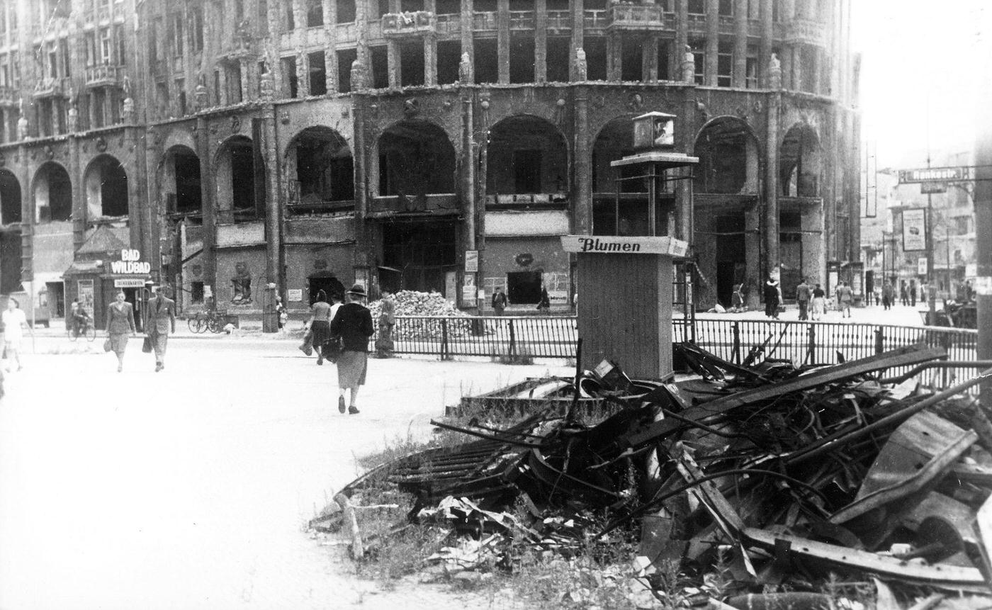 Destroyed building and rubble in Rankestrasse corner Kurfuerstendamm, Berlin, Germany.