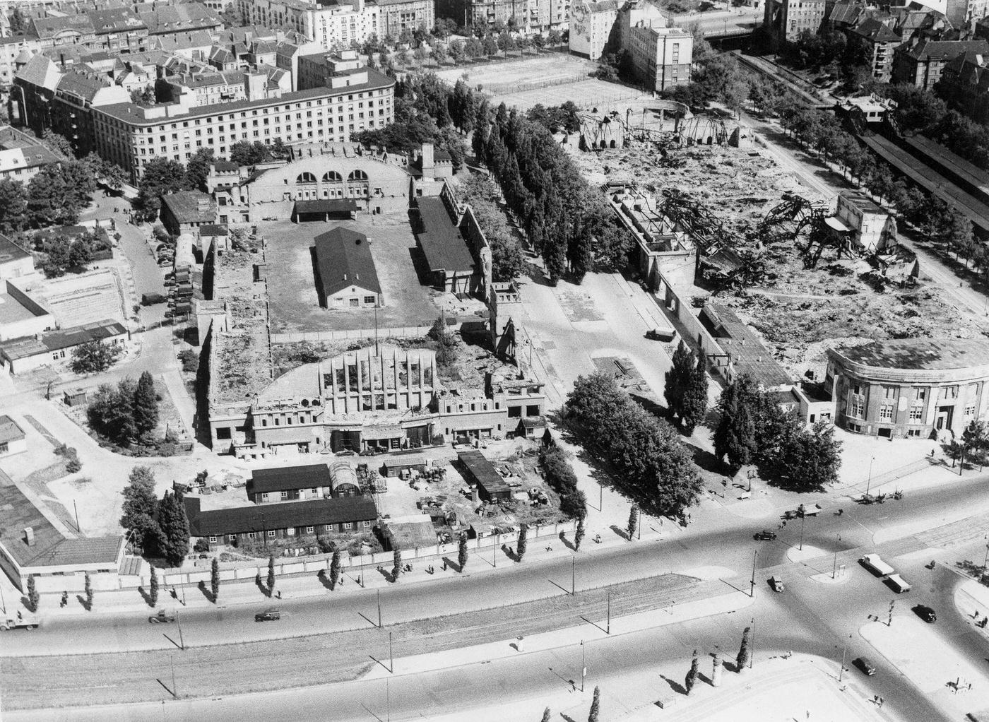 Aerial view of the destroyed fairground halls at the Funkturm, Berlin, British sector.