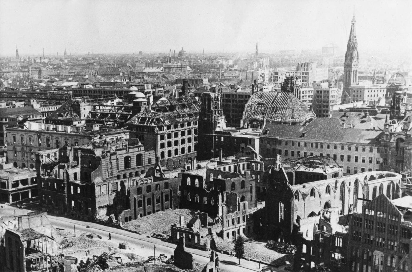 View over the ruins of East Berlin with the ruins of the Klosterkirche, Germany, circa 1945.