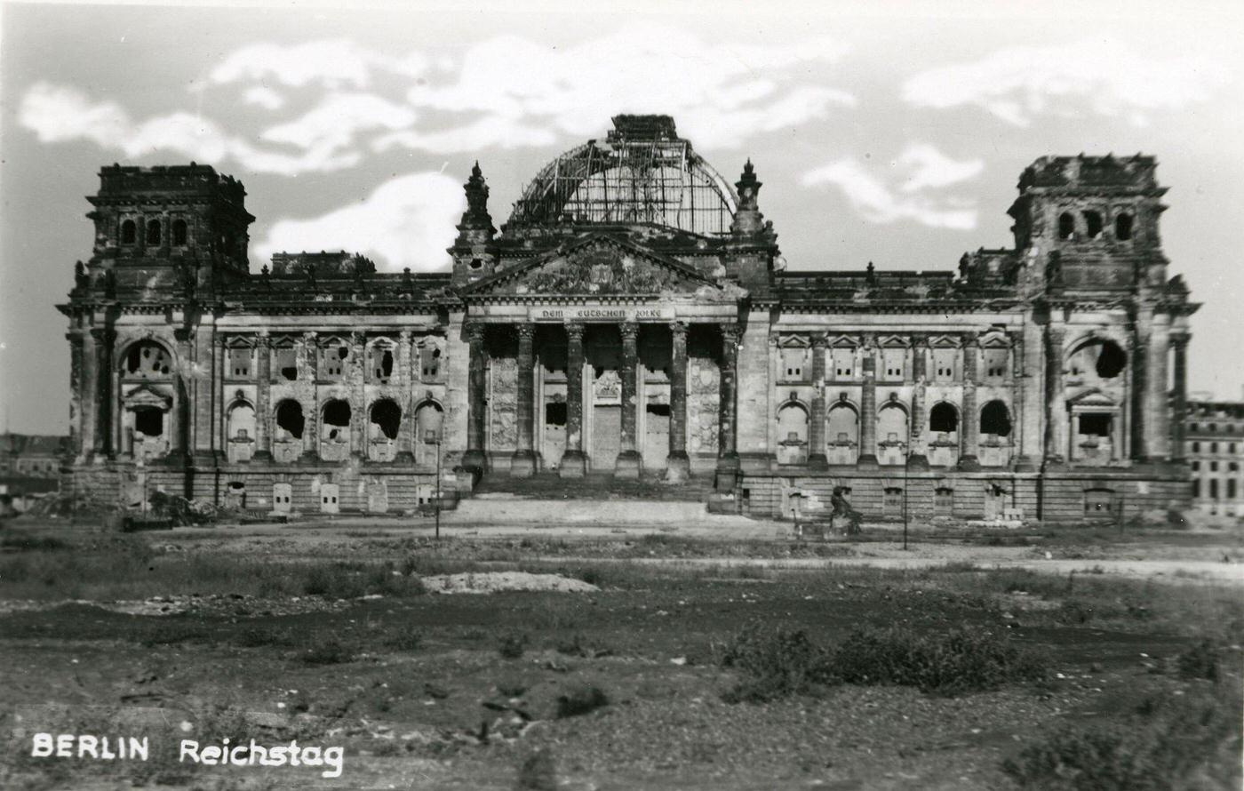 Ruins of the Reichstag in Berlin, Germany, circa 1945.