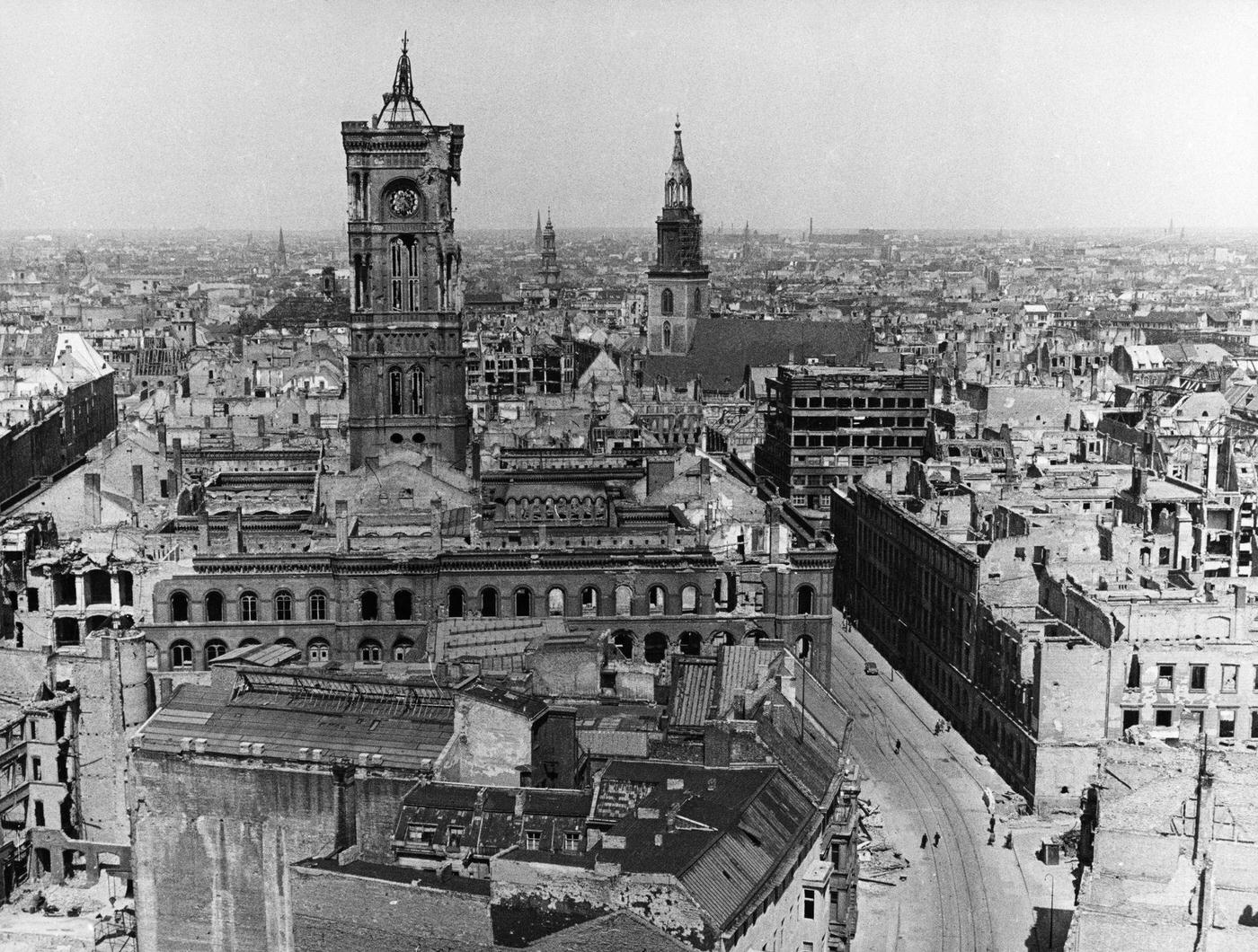 Berlin's red city hall showing severe bomb damage, Berlin, Germany, 1945.