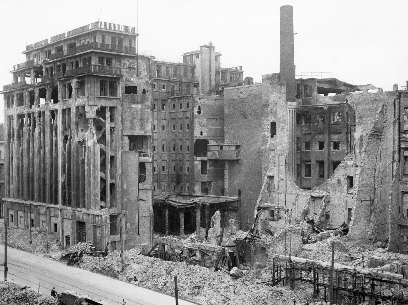 View of the destroyed building of the Scherl publishing house in Kochstrasse, Berlin, American sector.