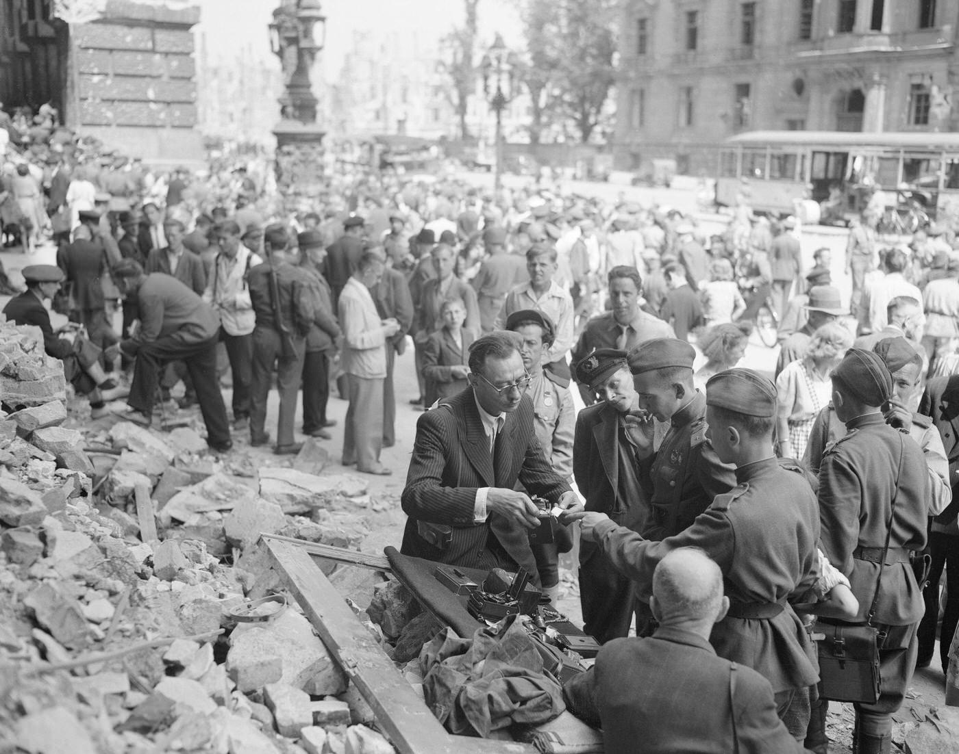 Black market flourishes in Berlin amidst the rubble, German civilians find customers among Allied soldiers.