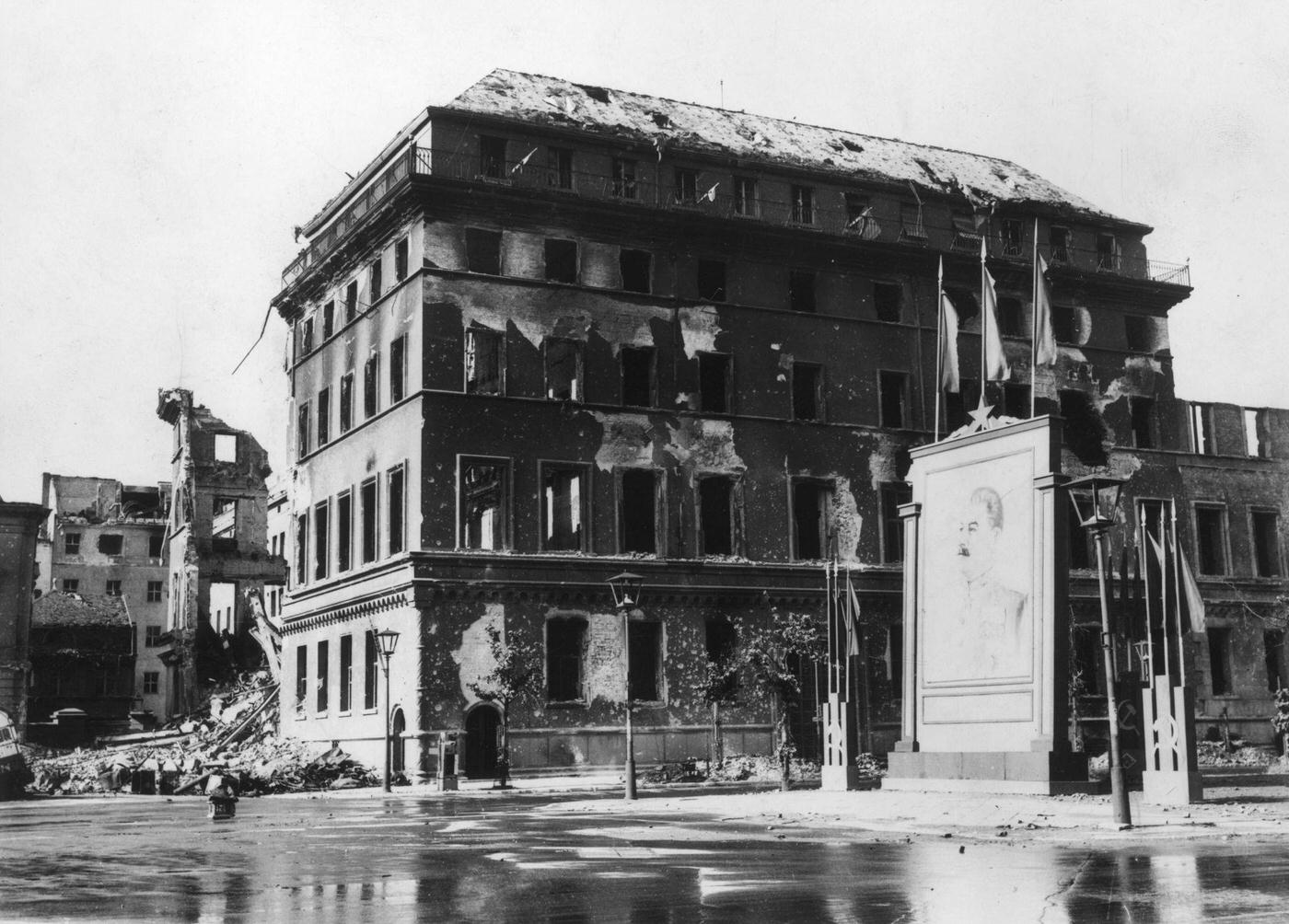 Shell of the Adlon Hotel in Unter den Linden, Berlin, still standing but windowless, 1945.