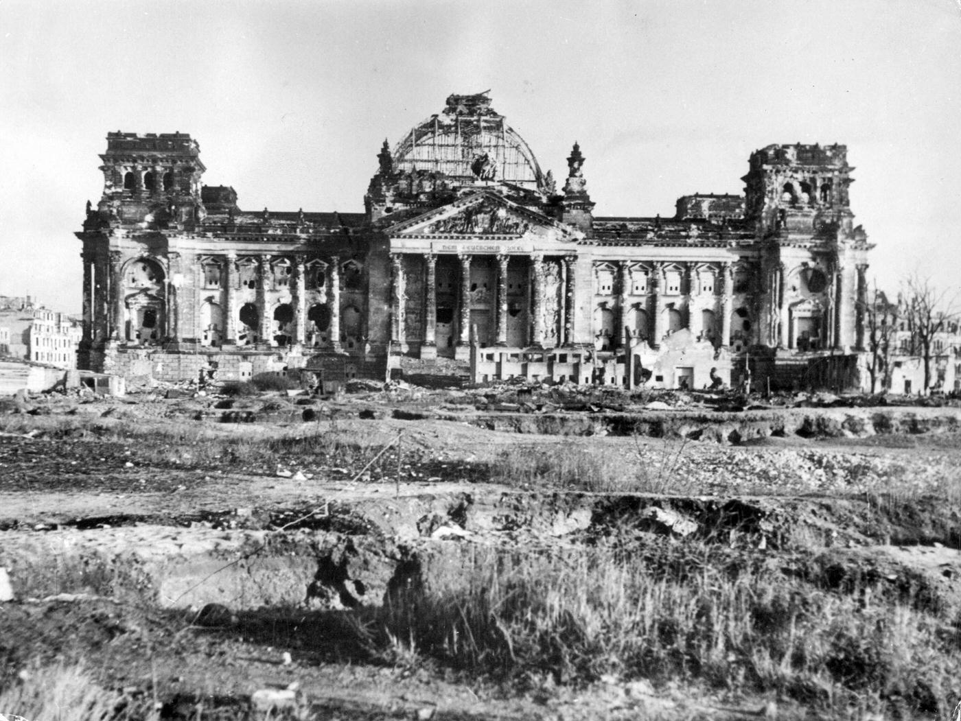 Ruins of the Reichstag building in Berlin, 1945.