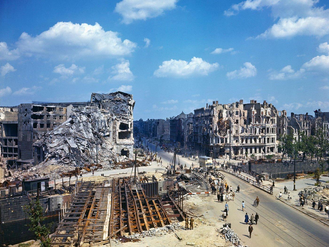 Ruined buildings in Berlin, Germany, 1945.