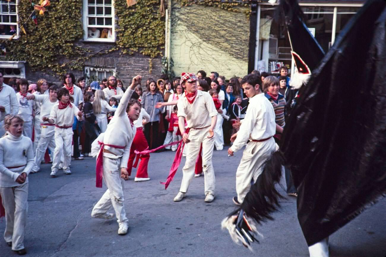 Obby Horse May Day festival in Padstow, Cornwall, 1975.