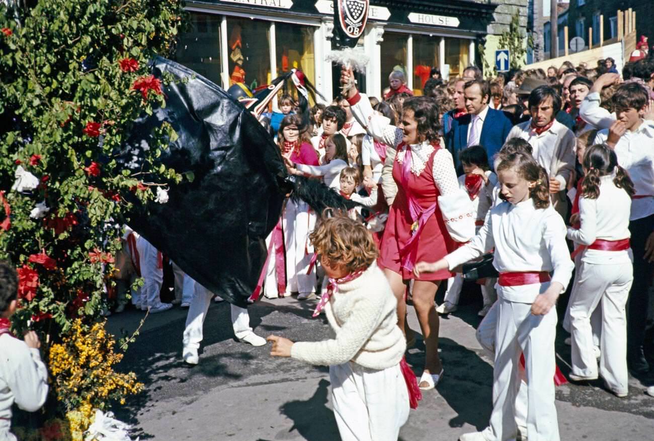 Obby Horse May Day festival in Padstow, Cornwall, 1975