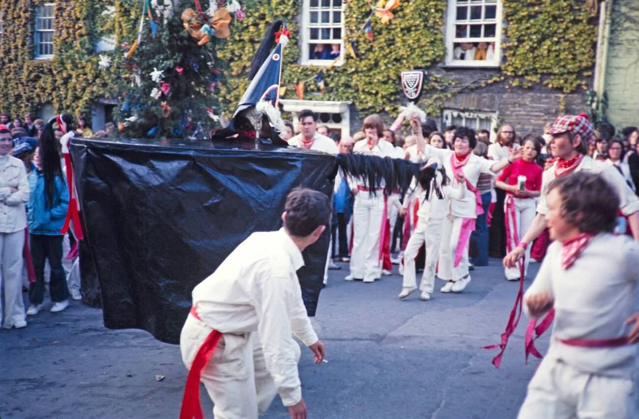Obby Horse May Day festival in Padstow, Cornwall, 1975