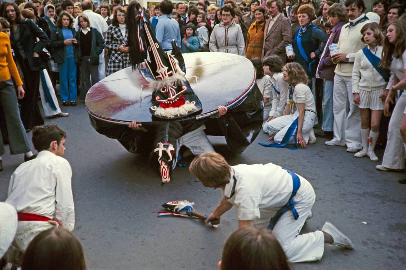 Obby Horse May Day festival in Padstow, Cornwall, 1975