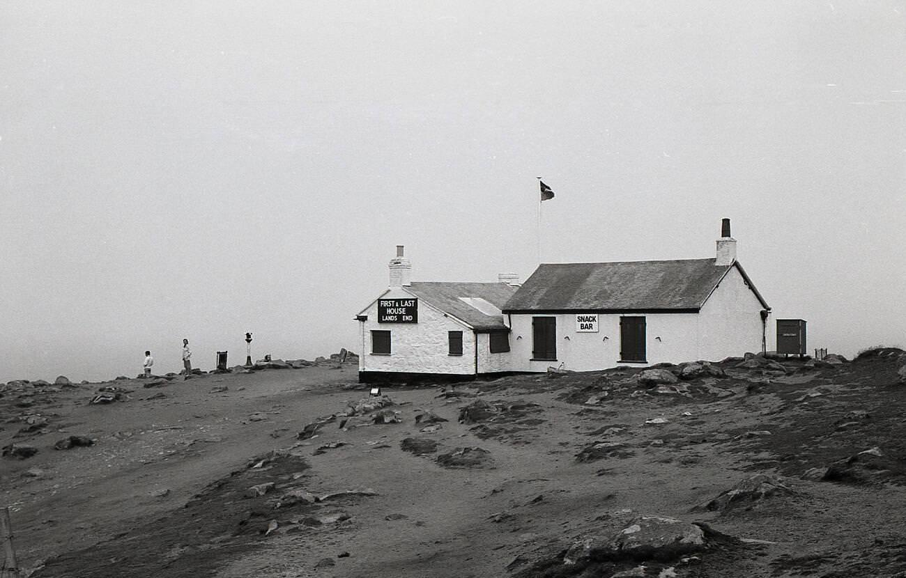 View of the famous 'First & Last House' at Land's End, historic cottage turned tea room selling Cornish souvenirs and snacks, 1970s.
