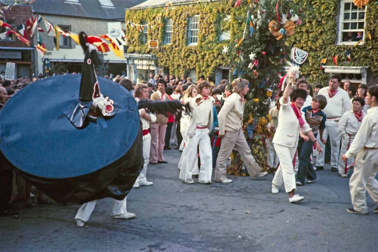 Obby Horse May Day festival in Padstow, Cornwall, 1975