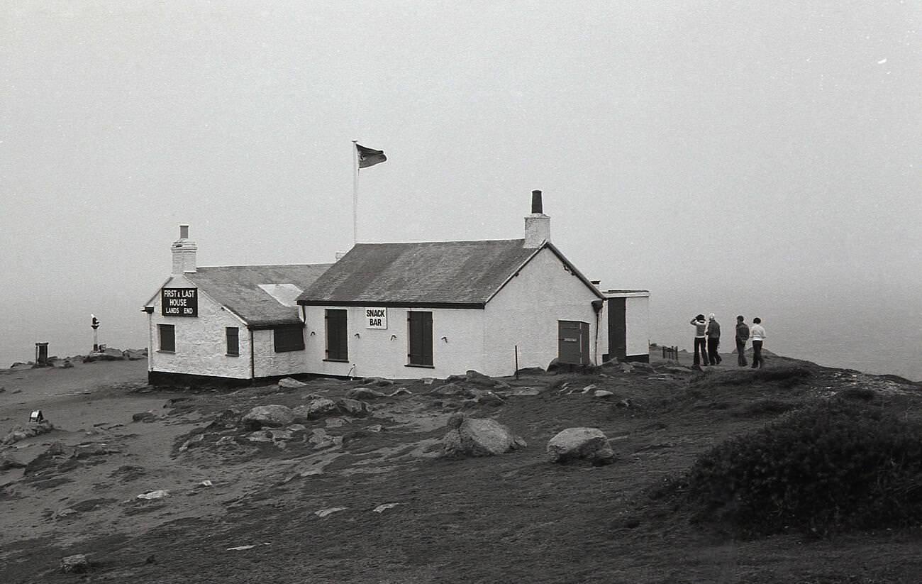 Exterior view of the 'First & Last House' at Land's End, Cornwall, an old cottage selling refreshments and souvenirs, 1970s.