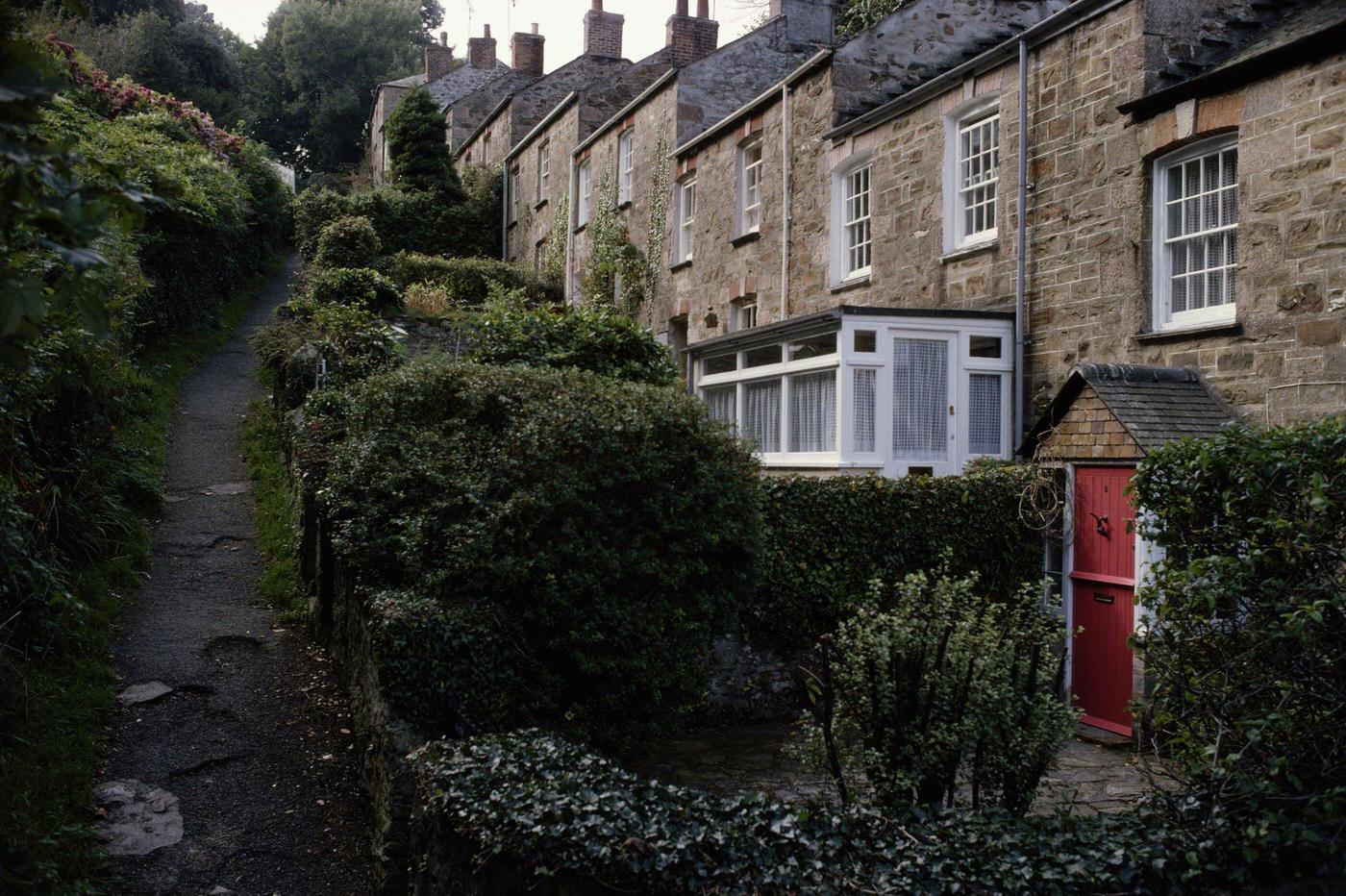 View of cottages in St Agnes, coastal village in Cornwall, October 1979.