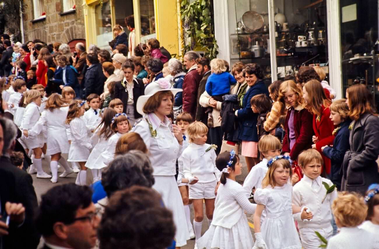 Flora Day, Furry dance, Children's procession dance, Helston, Cornwall, 1973.