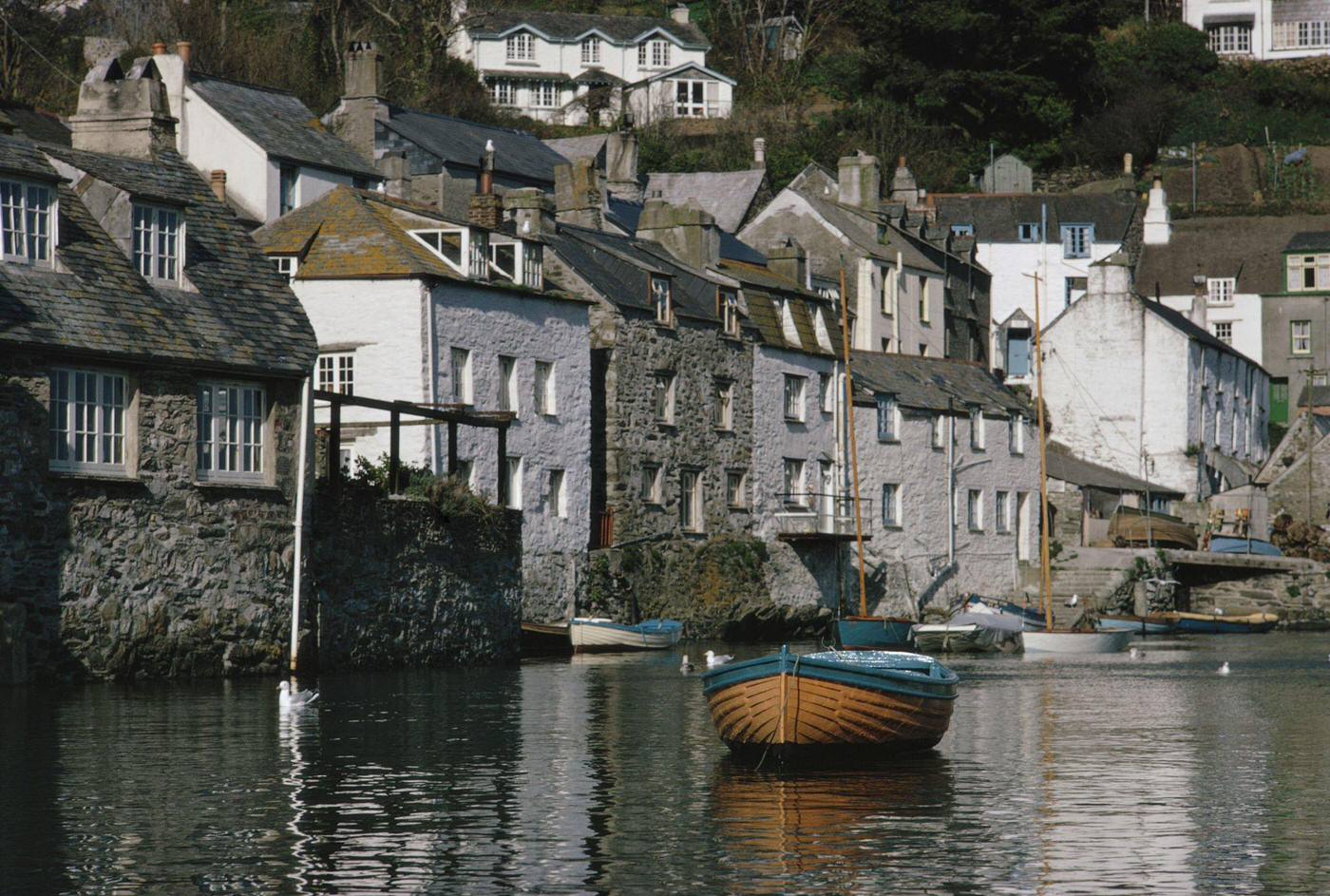 Boat in the harbor of Polperro, fishing village in Cornwall, April 1970.