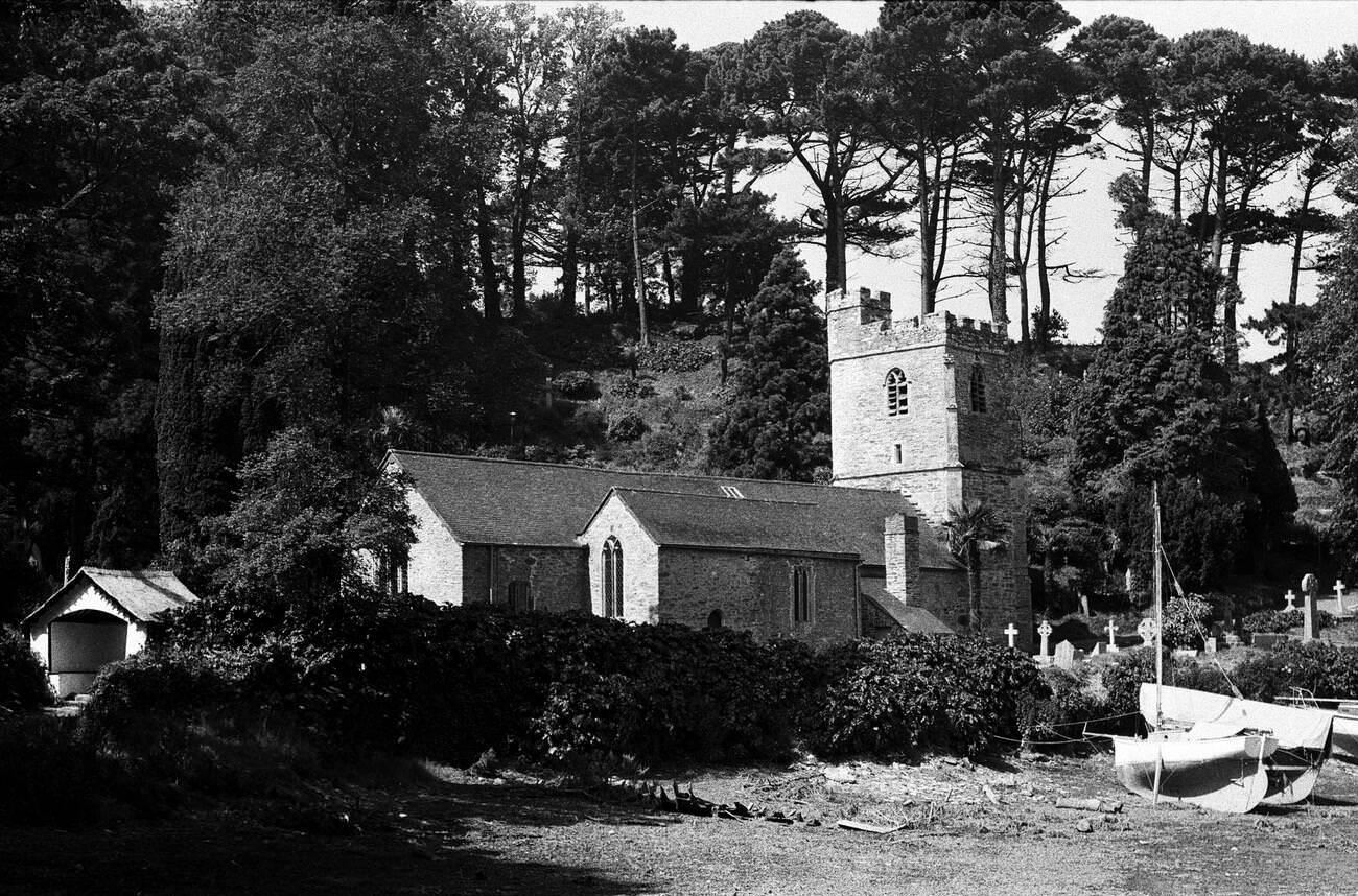 St Just in Roseland Church, a 13th-century church with riverside gardens, Cornwall, June 1975.