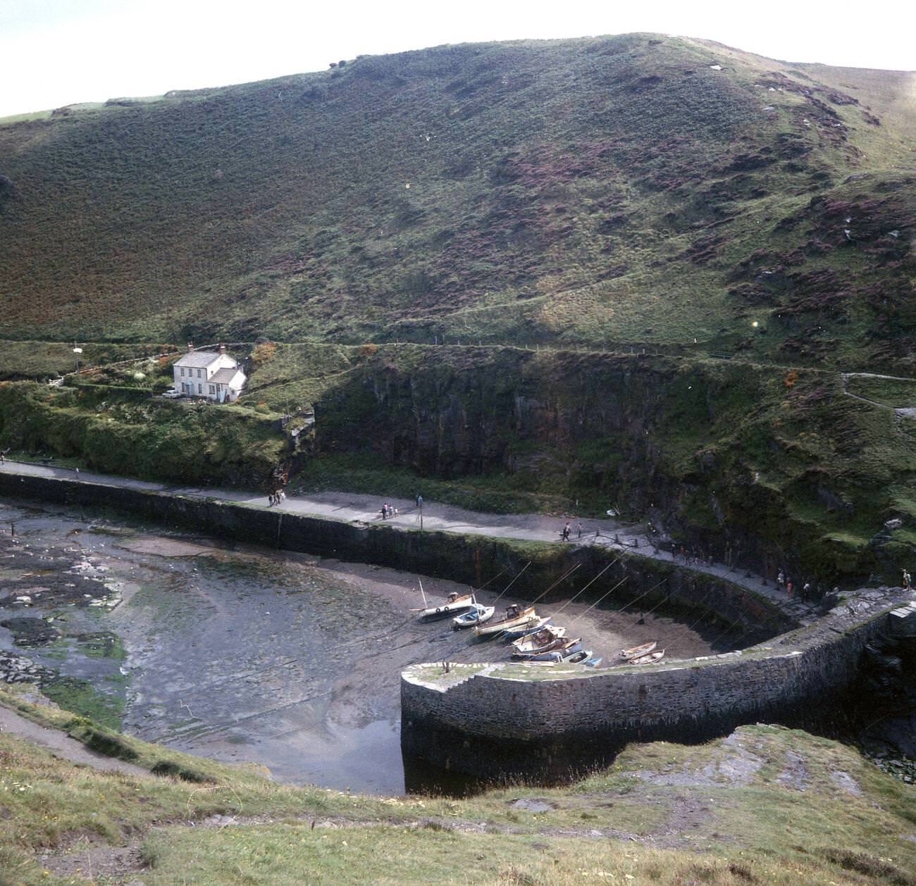 View of Boscastle harbor, scenic spot on the north coast of Cornwall, 1971.