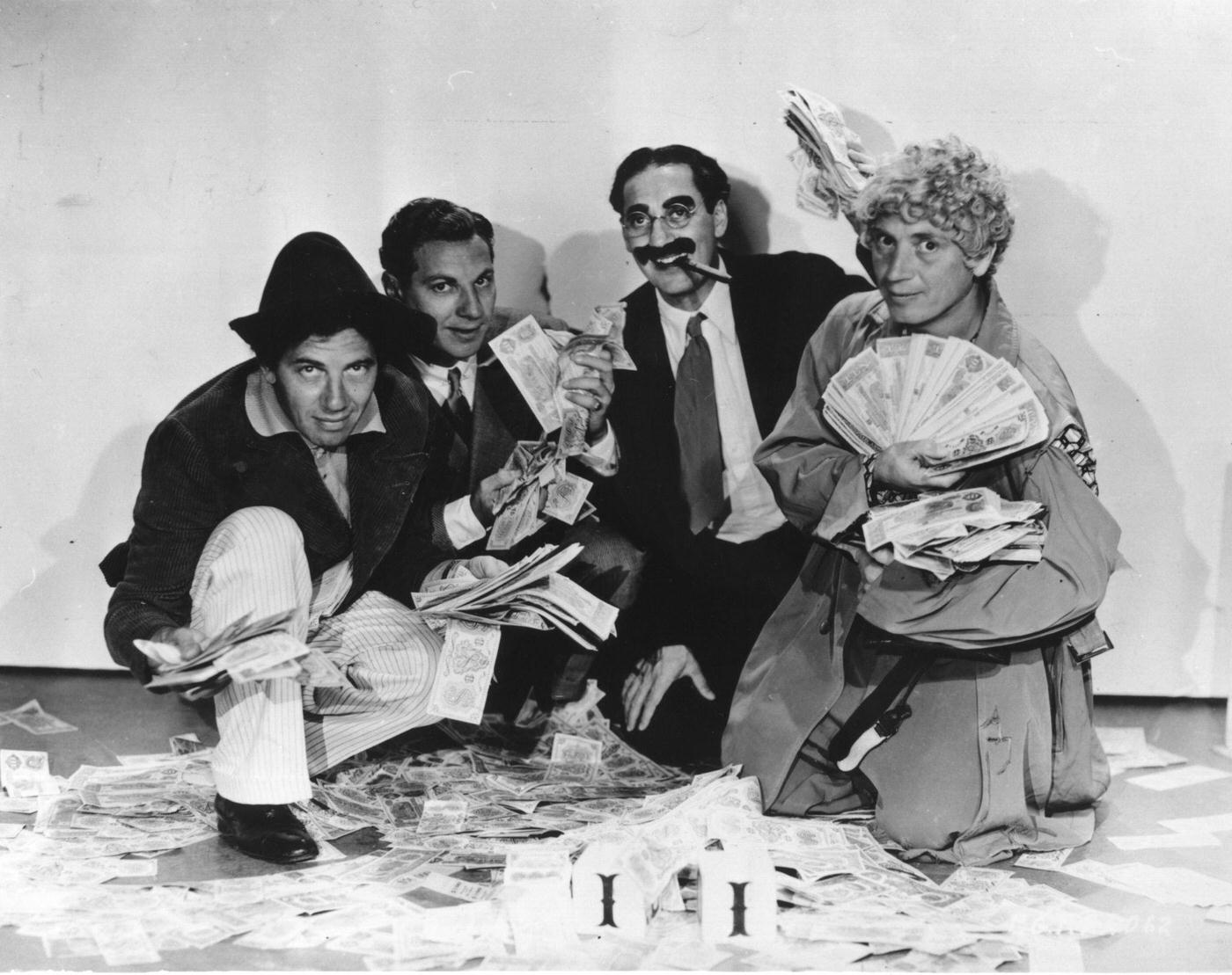 The Marx Brothers star in Duck Soup (1933): Chico, Zeppo, Groucho, and Harpo.