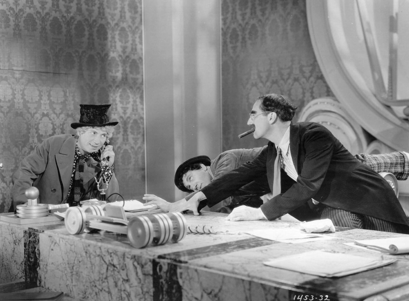 Harpo, Chico, and Groucho Marx star in Duck Soup (1933).