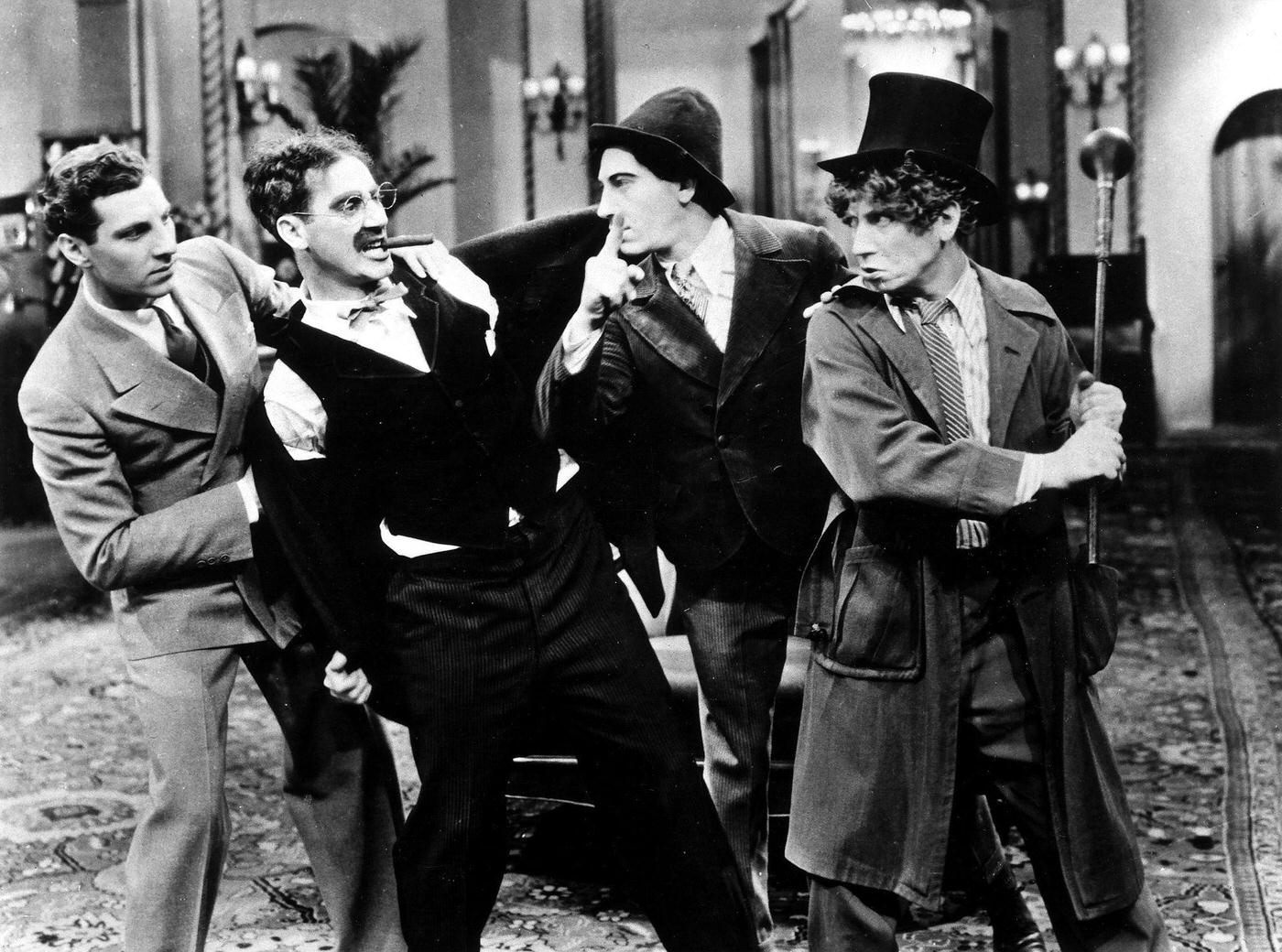Zeppo, Groucho, Chico, and Harpo Marx in a scene from Duck Soup (1933)