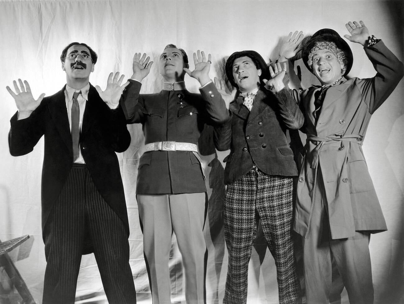 The Marx Brothers in Duck Soup (1933): Groucho, Zeppo, Chico, and Harpo.