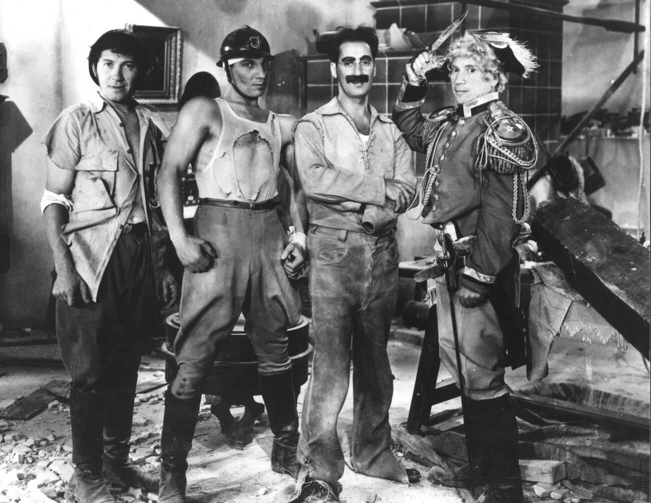 Duck Soup (1933) stars Groucho Marx, Zeppo Marx, Harpo Marx, and Chico Marx, directed by Leo McCarey.