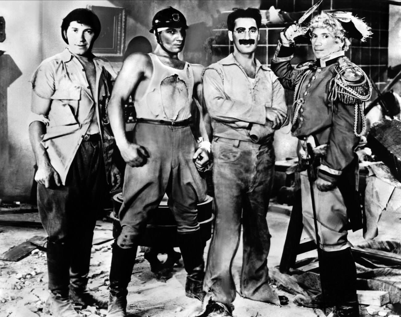 The Marx Brothers in Duck Soup (1933): Chico, Zeppo, Groucho, and Harpo.