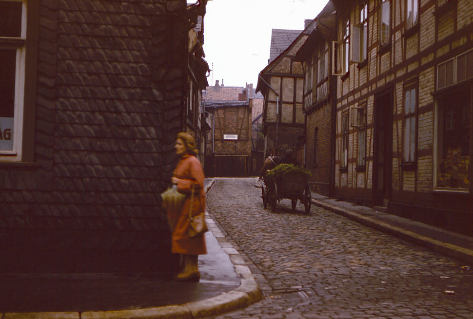 Street scene with horse-drawn cart in Goslar, 26 June 1958