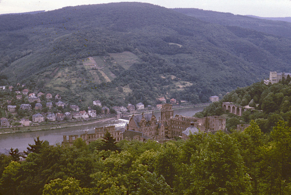 View of the Rhine and Heidelberg Castle from the top of the Königstuhl, Heidelberg, 21 June 1958
