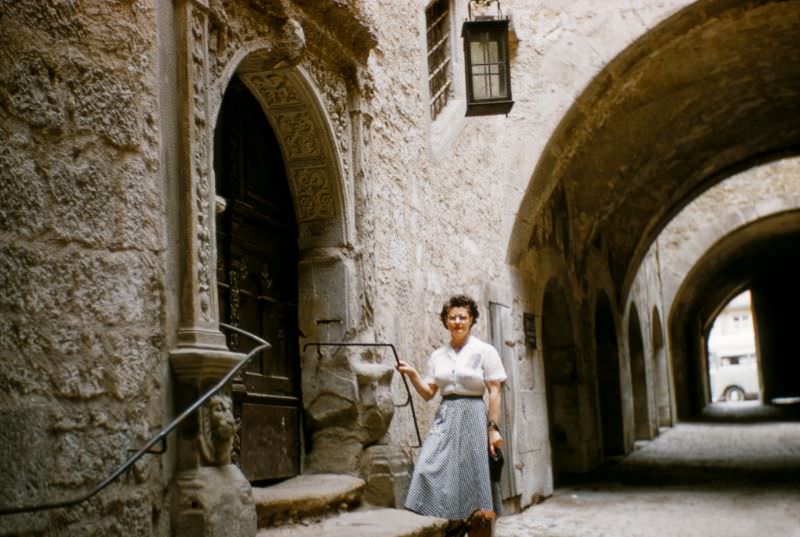 In the tunnel or covered street under the Rathause, Rothenburg.