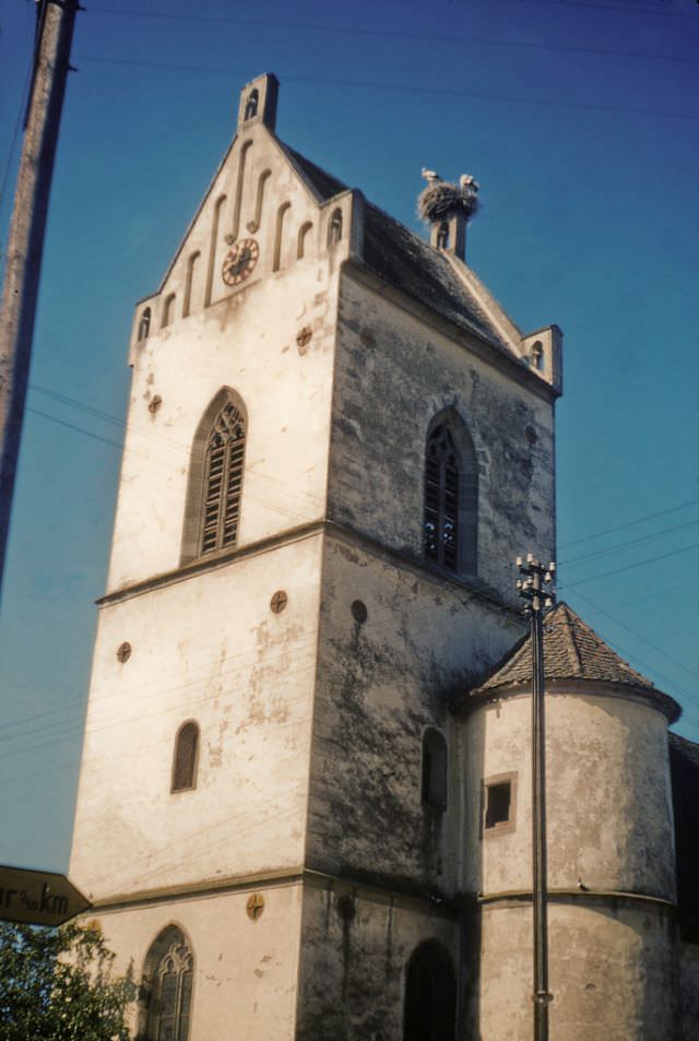 Storks on Church Tower, St. Jakobus, Muhr am See.