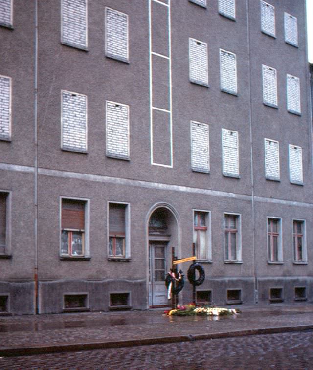 A small monument to East Germans who died, attempting to get to West Berlin by jumping out of higher windows on Bernauer Strasse, Germany, 1960s