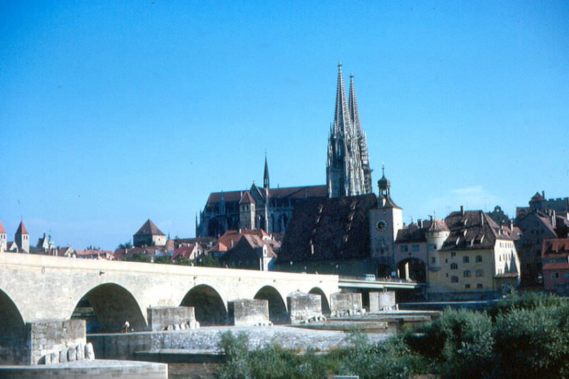 Cathedral and Stone Bridge, Regensburg, Germany, 1960s
