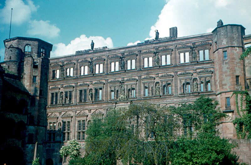 Heidelberg Castle. Ottheinrichsbau, one of the main buildings in the courtyard, built by Prince-Elector Otto Heinrich in the 1550s, Germany, 1960s