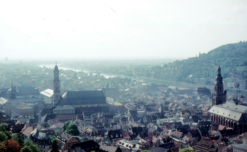 Heidelberg from castle. The Neckar River is in the background, Germany, 1960s