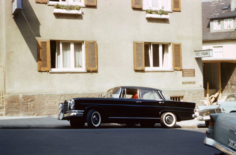 The Mercedes 220 parked in front of Haus Berg, a hotel in Stuttgart, Germany, 1960s