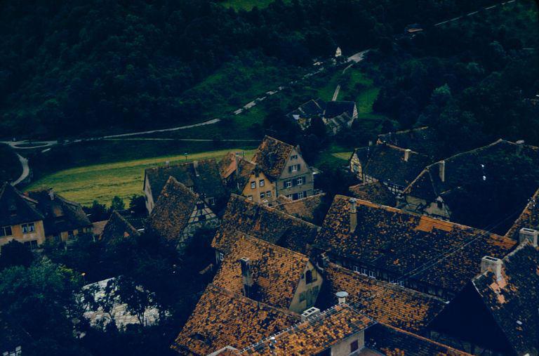 View from the tower of the town hall, Rothenburg ob der Tauber, Germany, 1960s