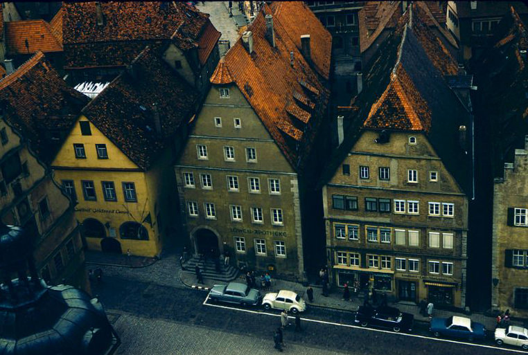 View from the tower of the town hall, Rothenburg ob der Tauber, Germany, 1960s