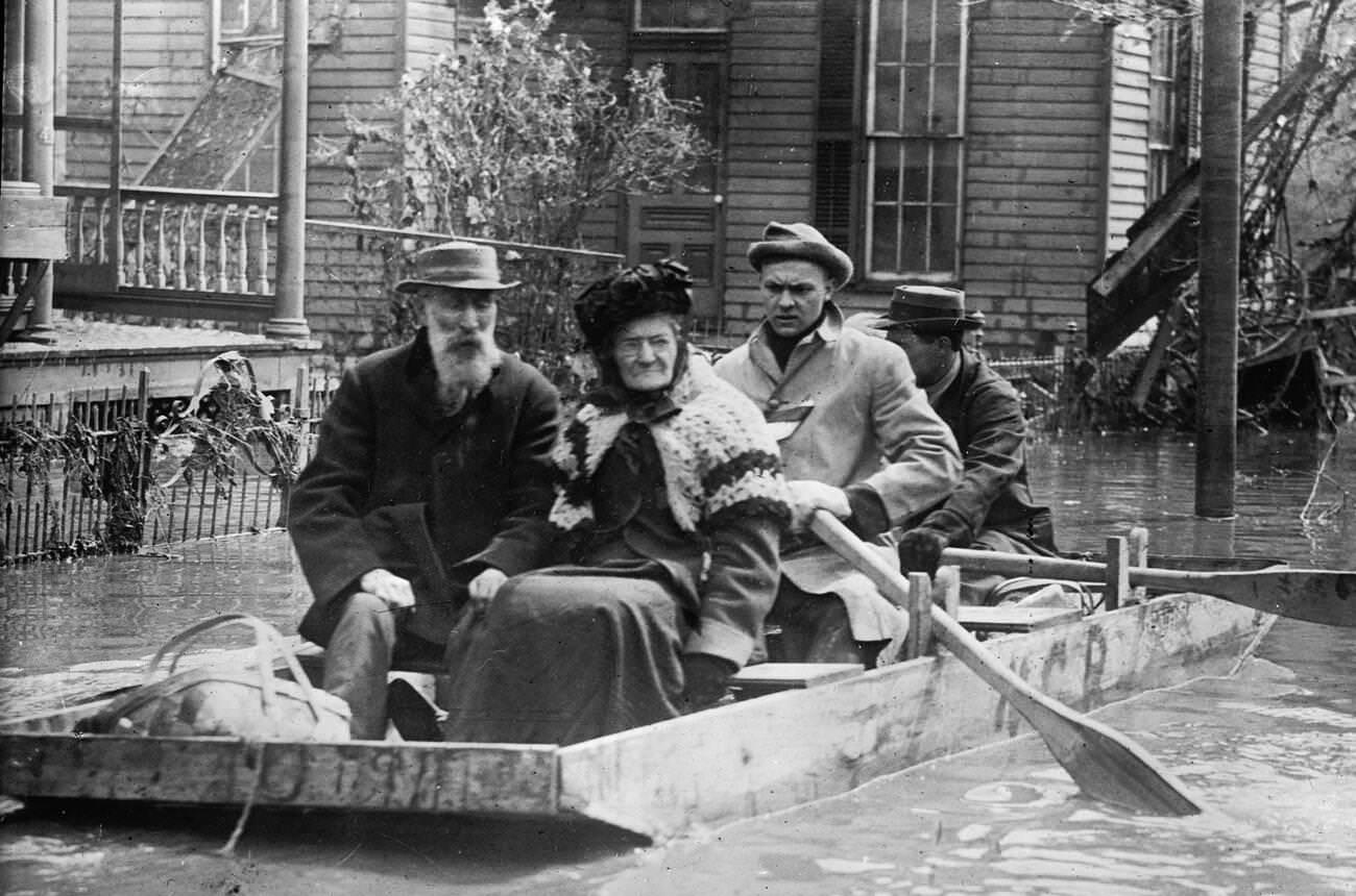 People being rescued during the Great Flood of Dayton, 1913.