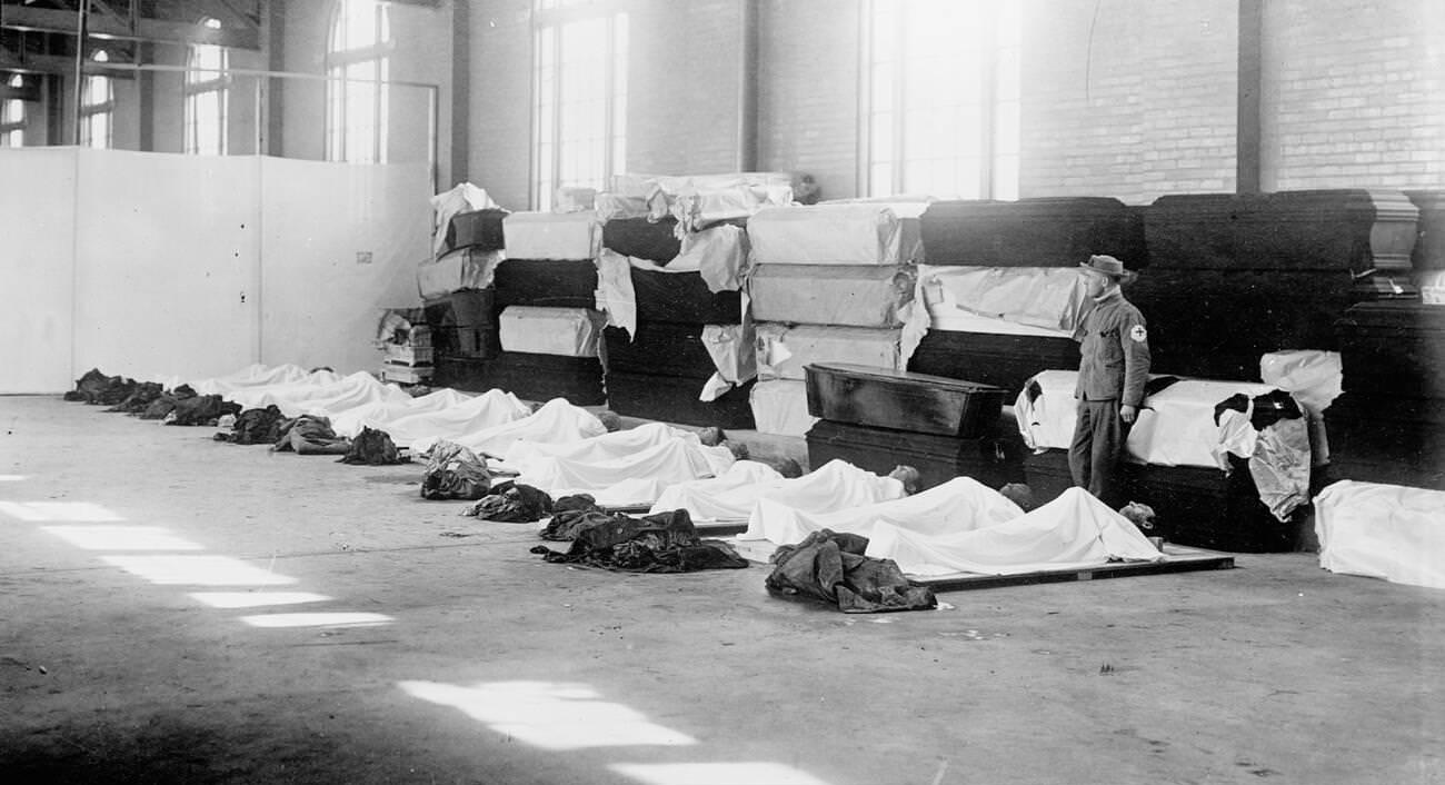 Flood scenes in Dayton, Ohio, 1913. Dead bodies and coffins.