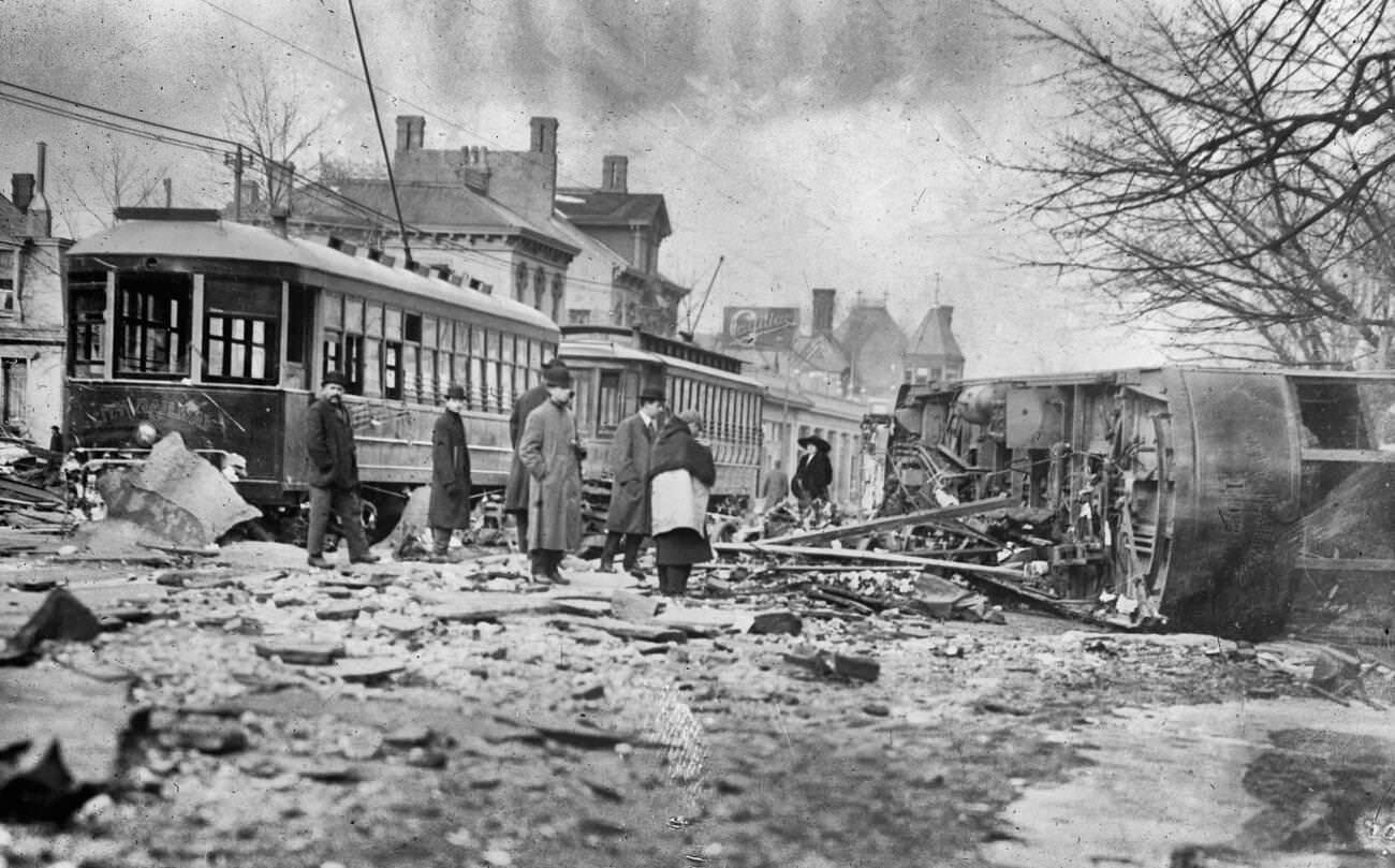 Streetcar capsized by flood in Dayton, Ohio during the 1913 flood.