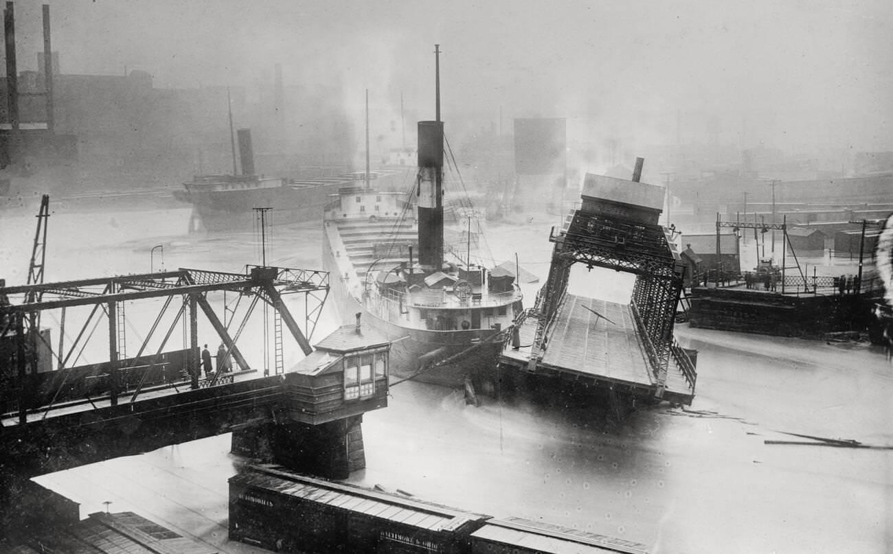 Bridge being swept away by the Great Flood of 1913 in Cleveland, Ohio.