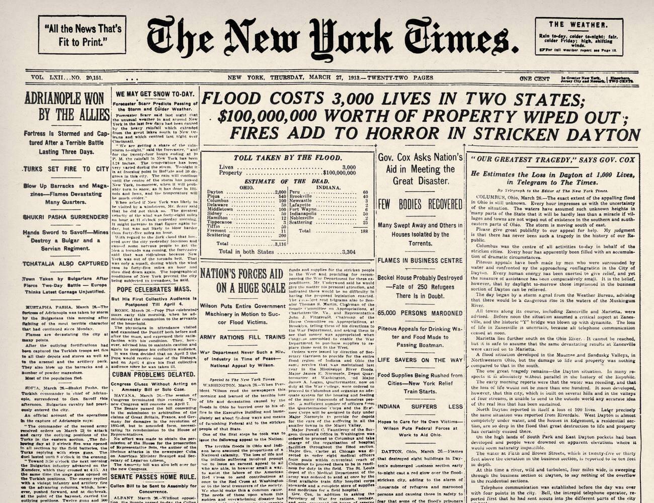 Front page of "The New York Times" of March 26, 1913, reporting the floods in Ohio and Indiana.