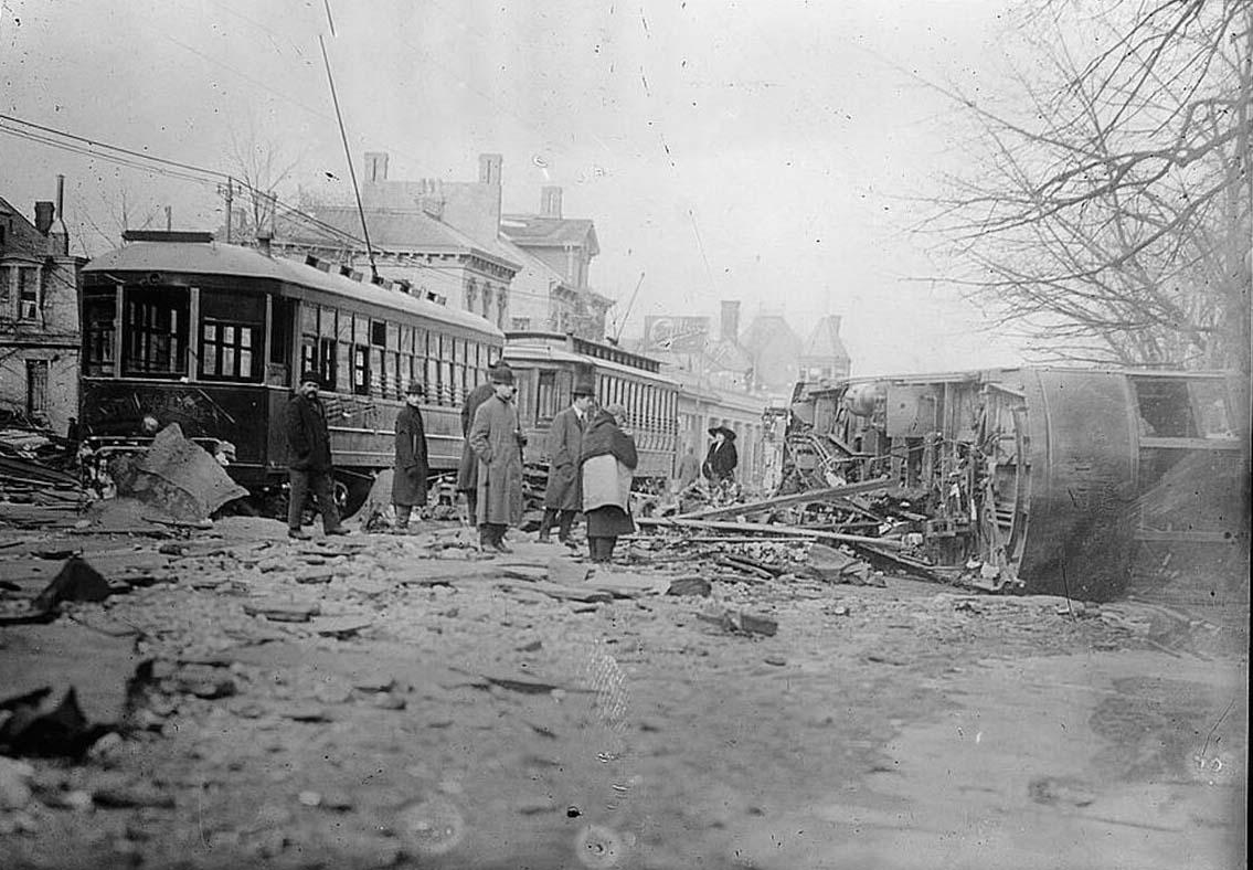 Streetcar capsized by flood in Dayton, Ohio.