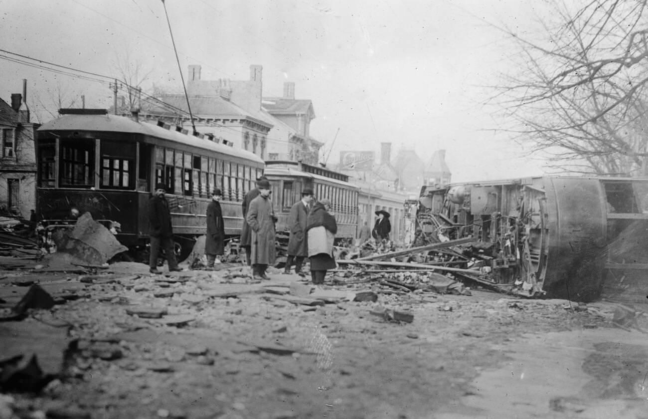 Streetcar capsized by flood during the Great Flood of Dayton, 1913.